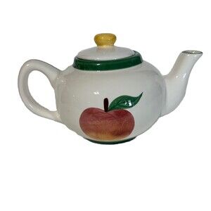 Asia Master Group White Ceramic Apple Teapot With Lid Green Rim Vintage